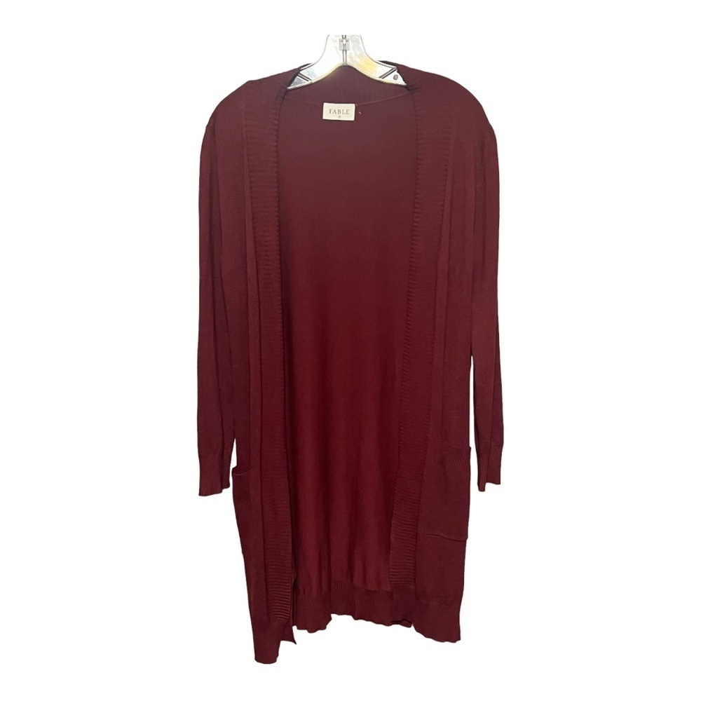 Fable Relaxed Fit Open Front Ribbed Trim Knit Cardigan Sweater Burgundy Small